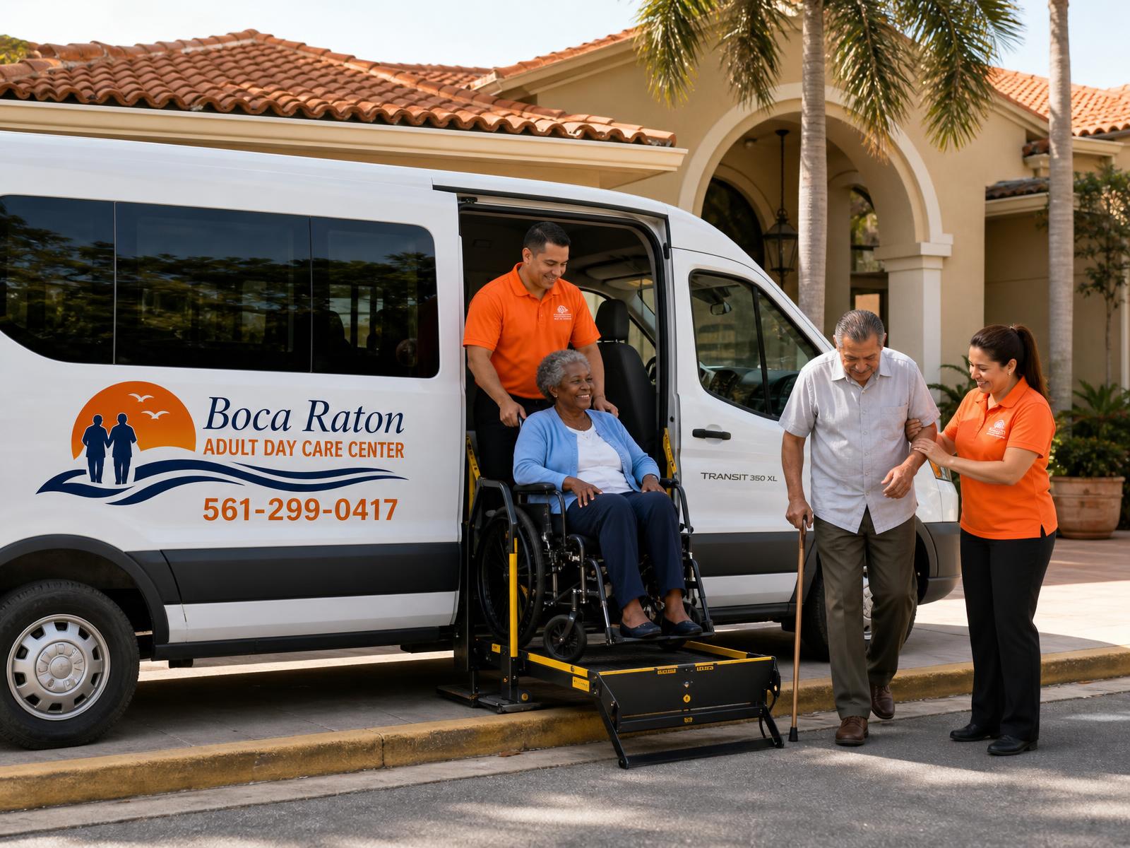 Staff in orange uniforms assisting a senior in a wheelchair onto the van's hydraulic lift and helping another senior step down