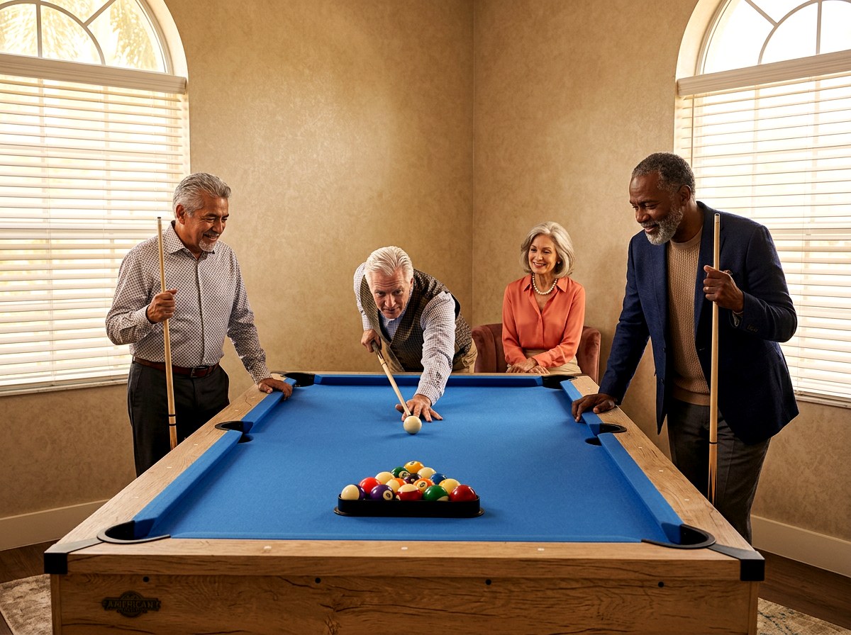 Blue pool table under arched windows