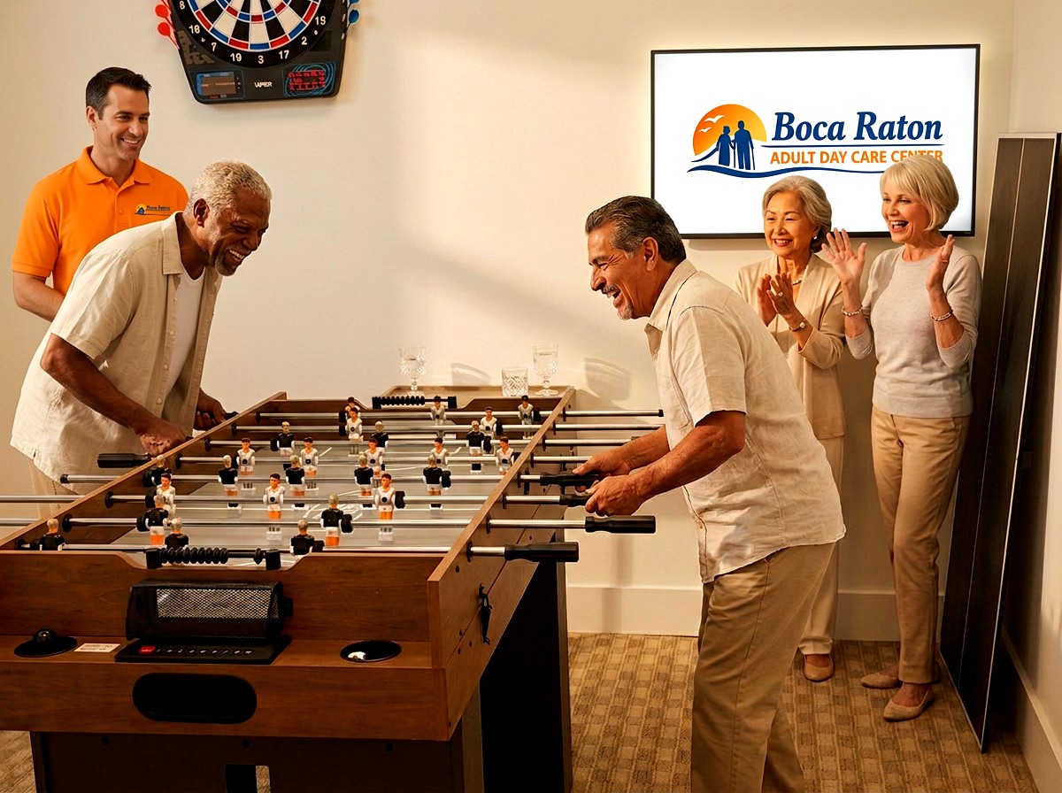 Game room with foosball table and dartboard