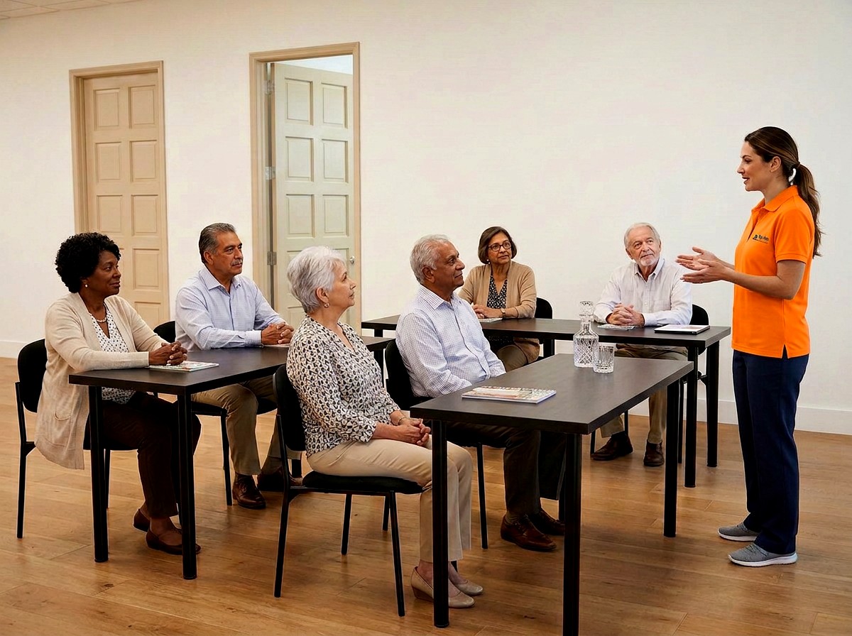 Group room with tables and chairs arranged for a class