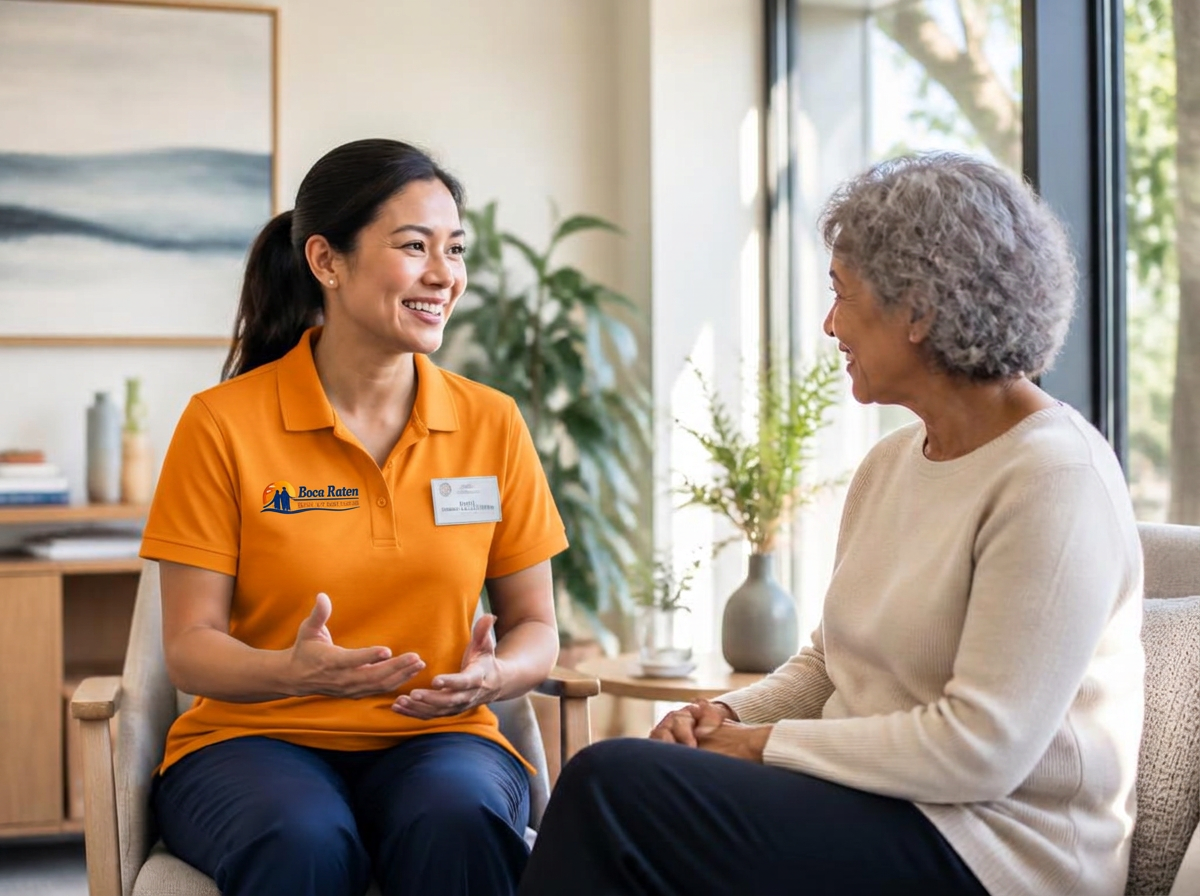Nurse in navy scrubs speaking with an older adult in a bright consultation room