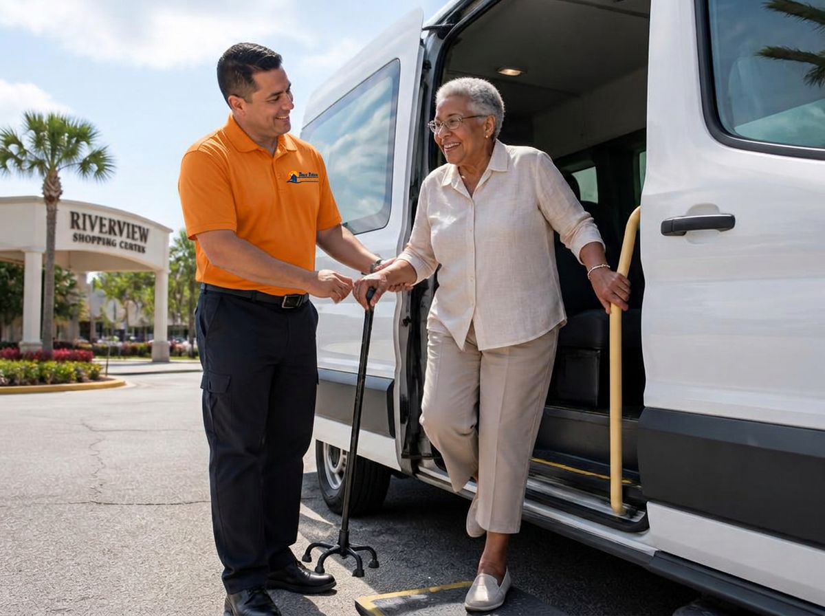 Driver helping an older adult step out of the center's passenger van