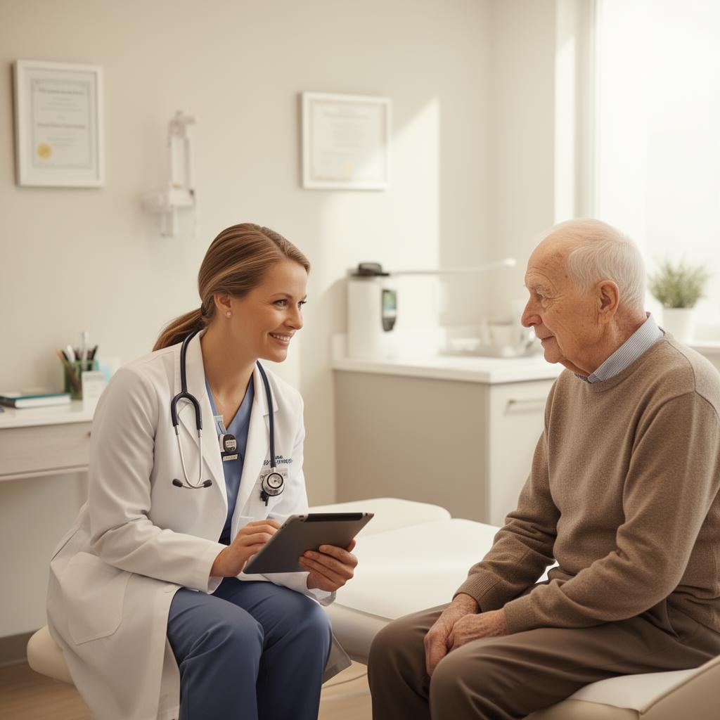 Nurse practitioner consulting with senior patient