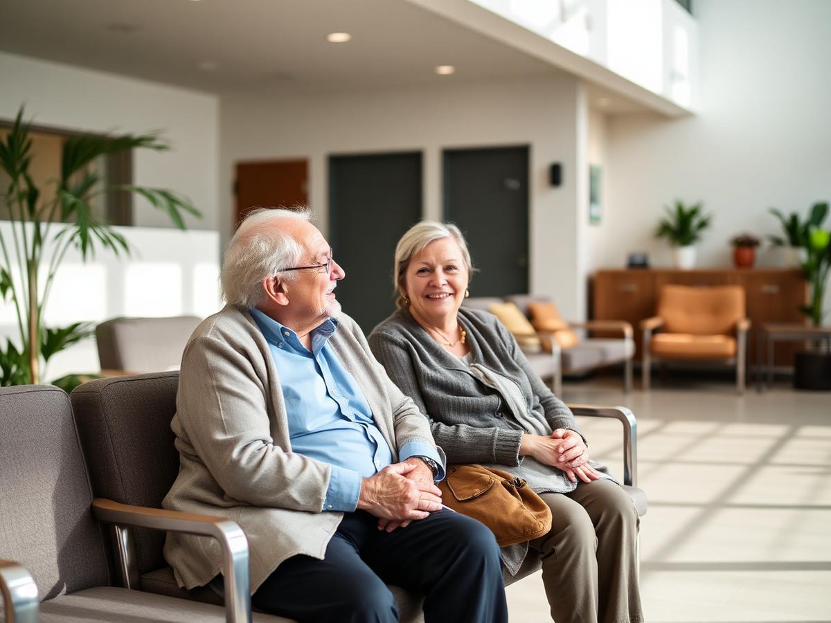 Companion seated beside an older adult, chatting in a bright waiting area
