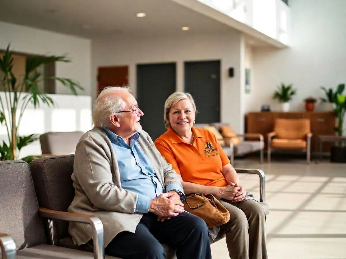 Companion seated beside an older adult, chatting in a bright waiting area
