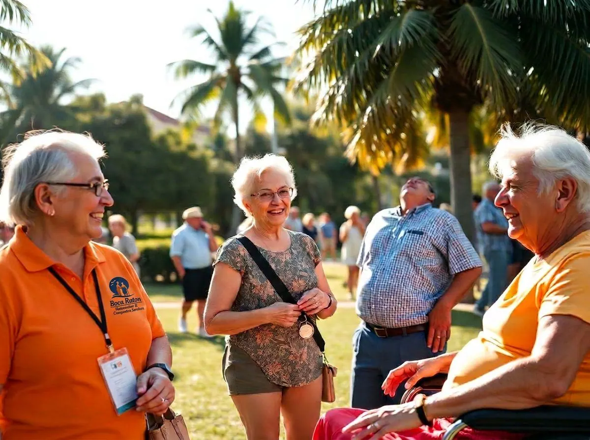 Older adults and a companion enjoying a sunny outdoor community gathering in Florida