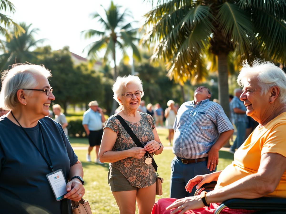 Older adults and a companion enjoying a sunny outdoor community gathering in Florida