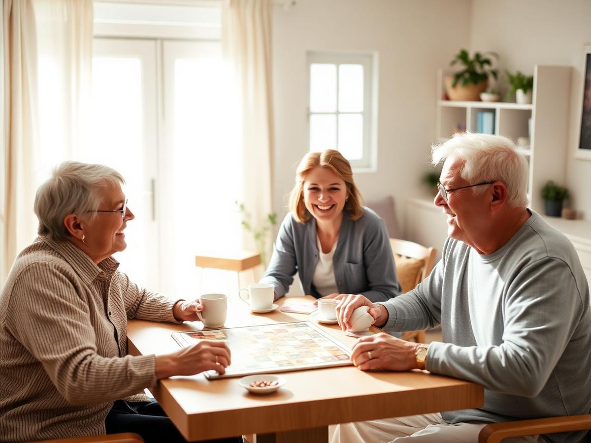 Companion sitting and talking with two smiling older adults in a bright living room