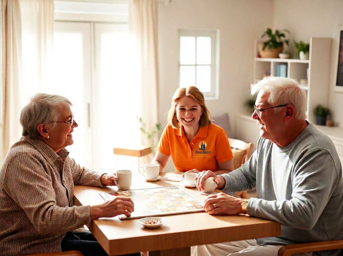 Companion enjoying a board game and conversation with two seniors in a bright living room