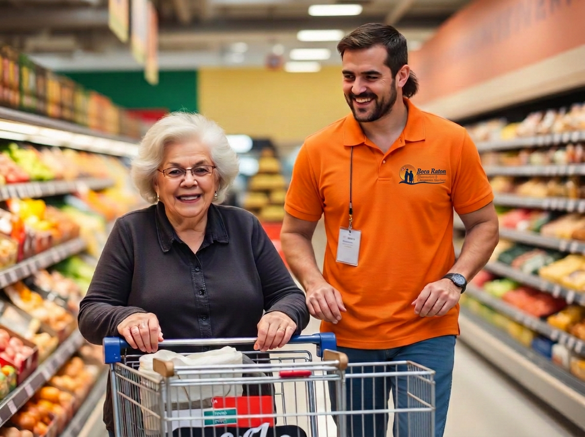 Companion assisting a senior woman with grocery shopping in a bright supermarket aisle