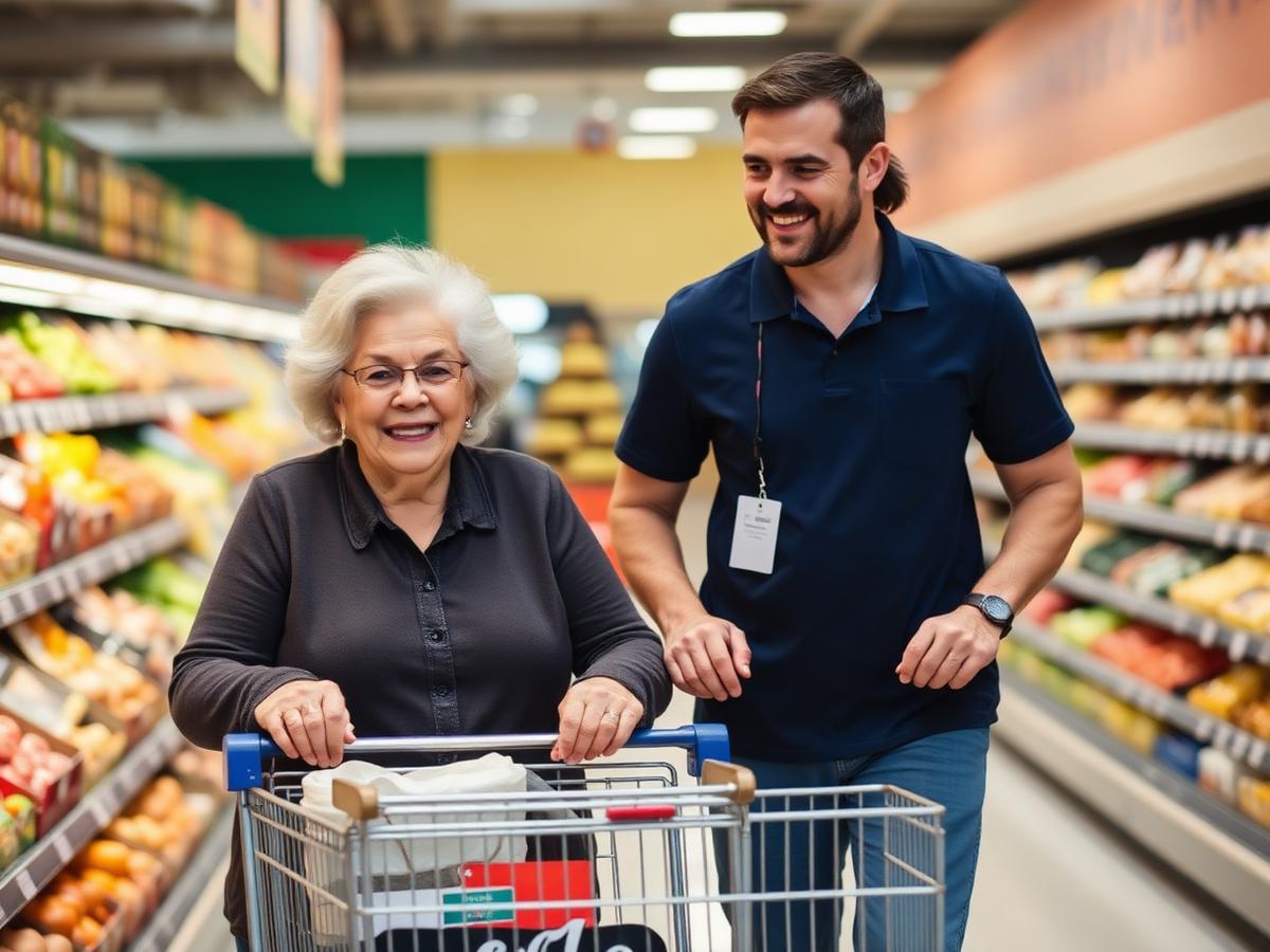 Companion selecting fresh produce with an older woman in a bright supermarket aisle