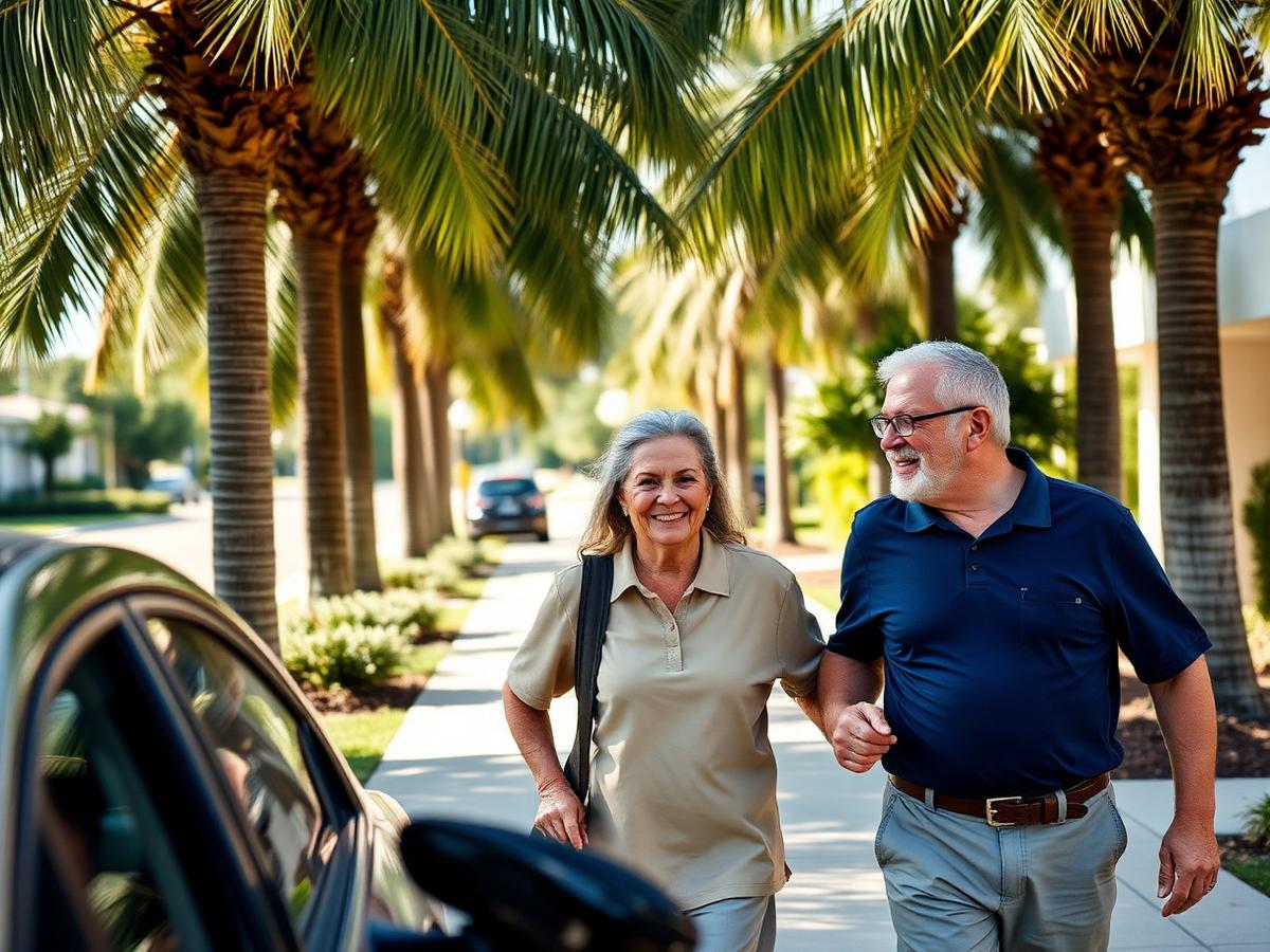 Companion walking beside an older adult along a sunny palm-lined Florida sidewalk
