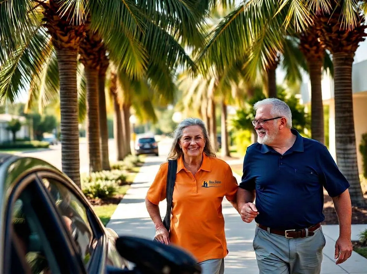 Companion walking beside a senior on a sunny palm-lined Florida sidewalk