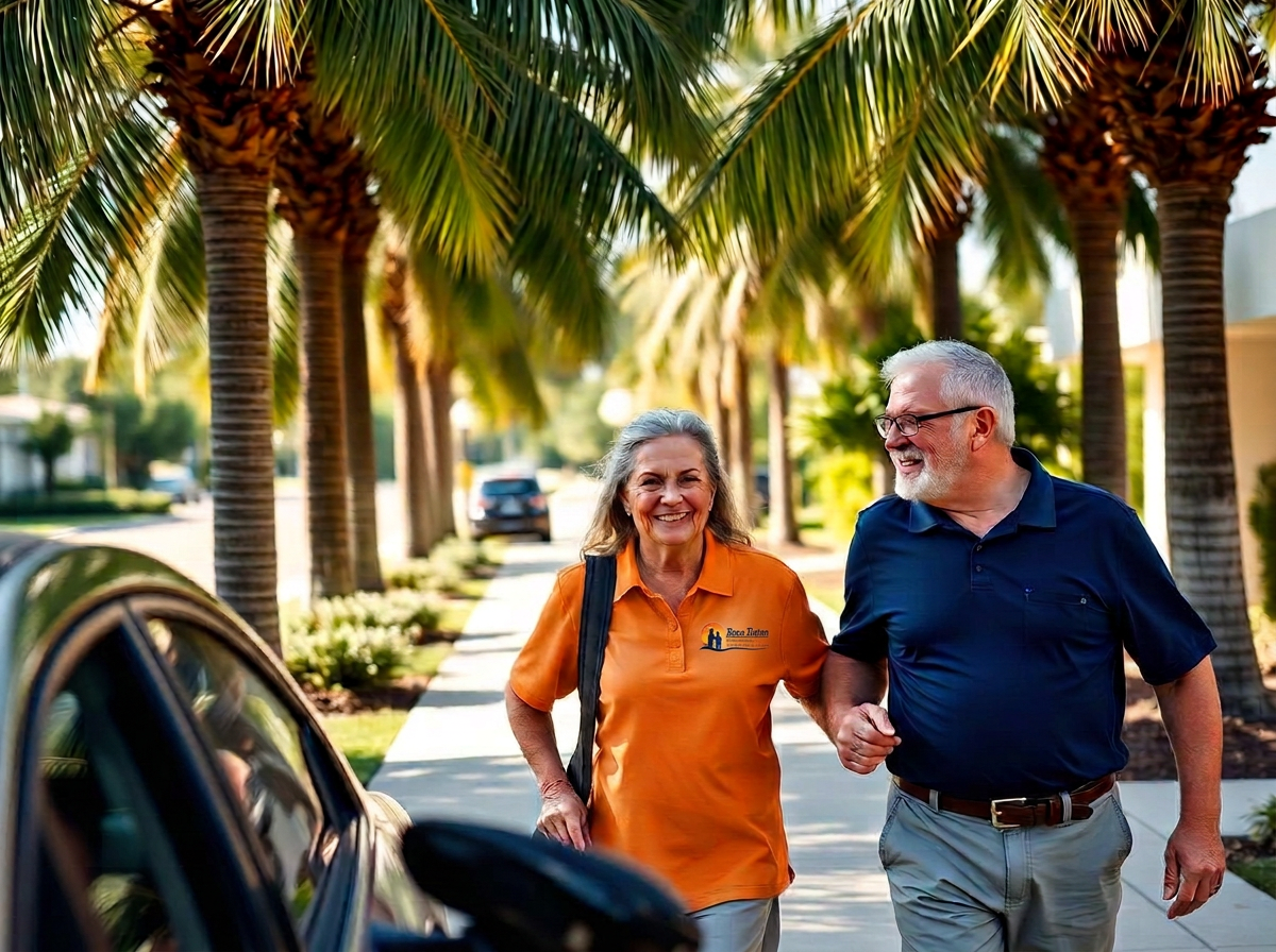 Companion walking beside a senior on a sunny palm-lined Florida sidewalk