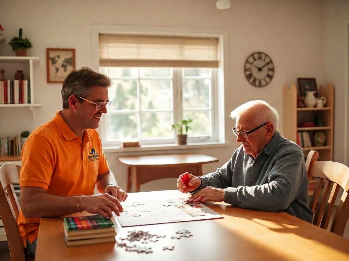 Companion and an older adult working on a jigsaw puzzle at a sunlit kitchen table