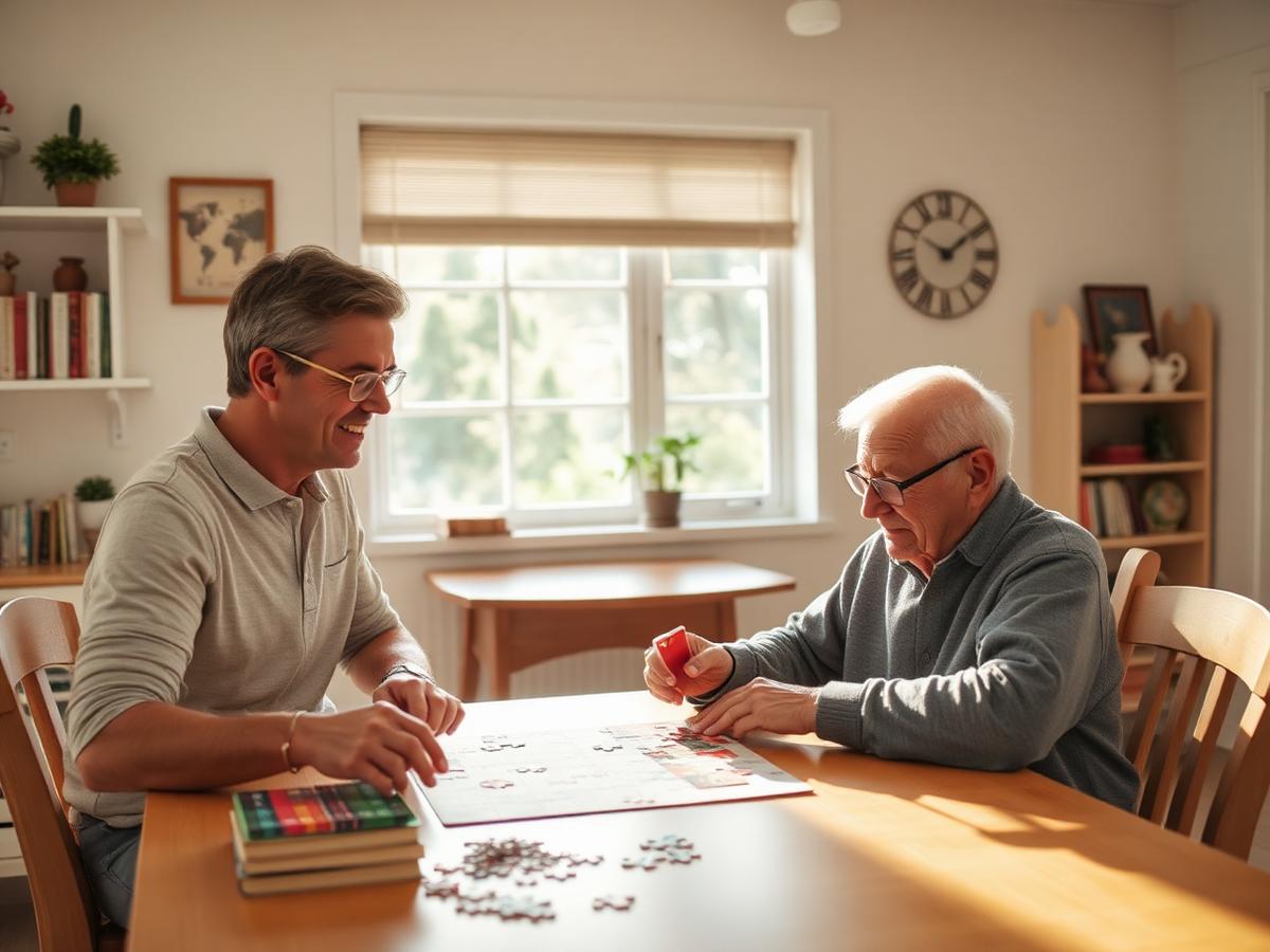 Companion and an older adult working on a jigsaw puzzle at a sunlit kitchen table