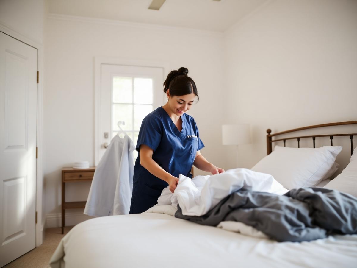 Companion tidying and light-cleaning a bright, uncluttered bedroom