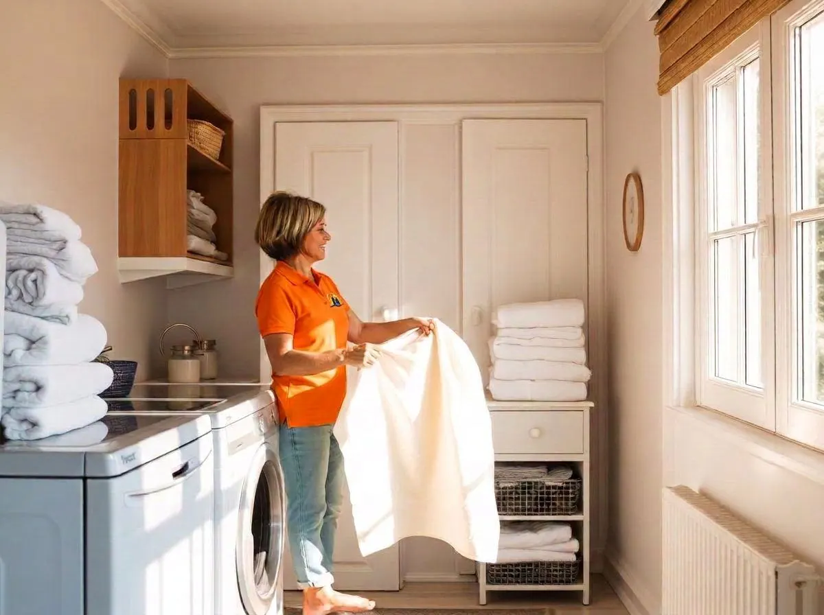 Companion folding fresh laundry and linens in a bright home laundry room