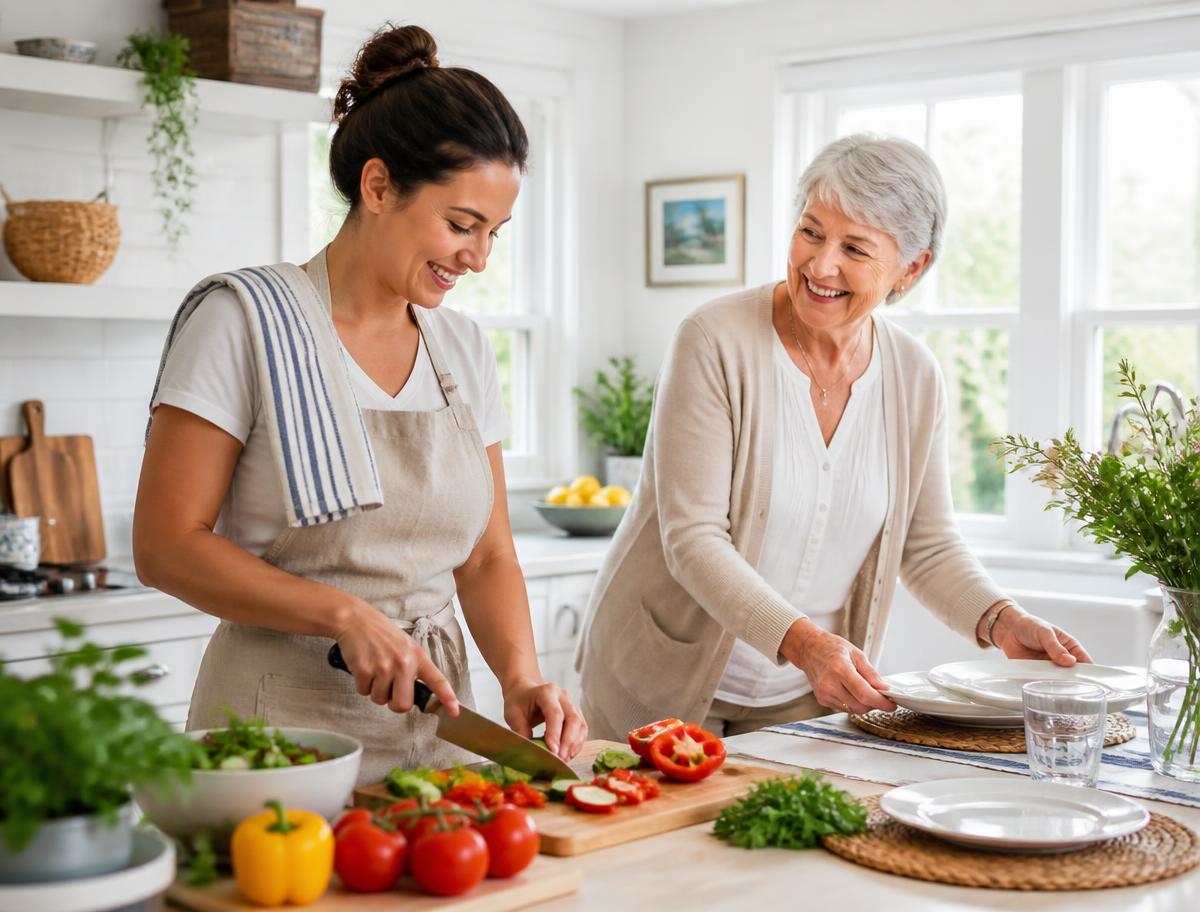 Companion preparing a fresh meal beside a smiling older woman in a sunny kitchen