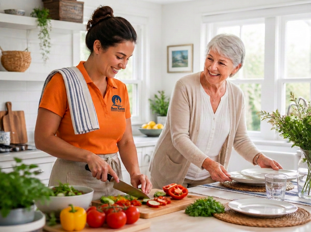 Homemaker preparing a fresh, healthy meal alongside a smiling senior woman in a sunny kitchen