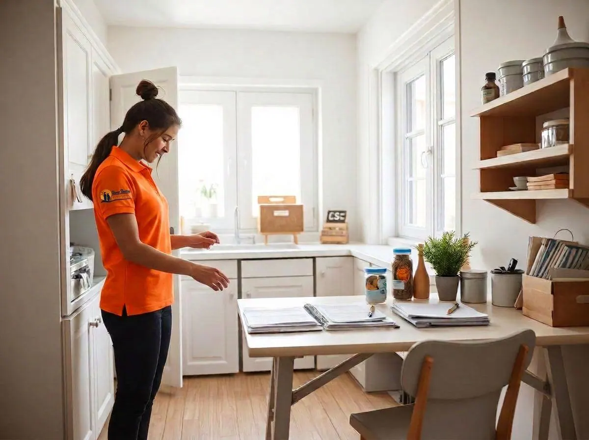 Companion organizing a pantry and household paperwork in a bright white kitchen