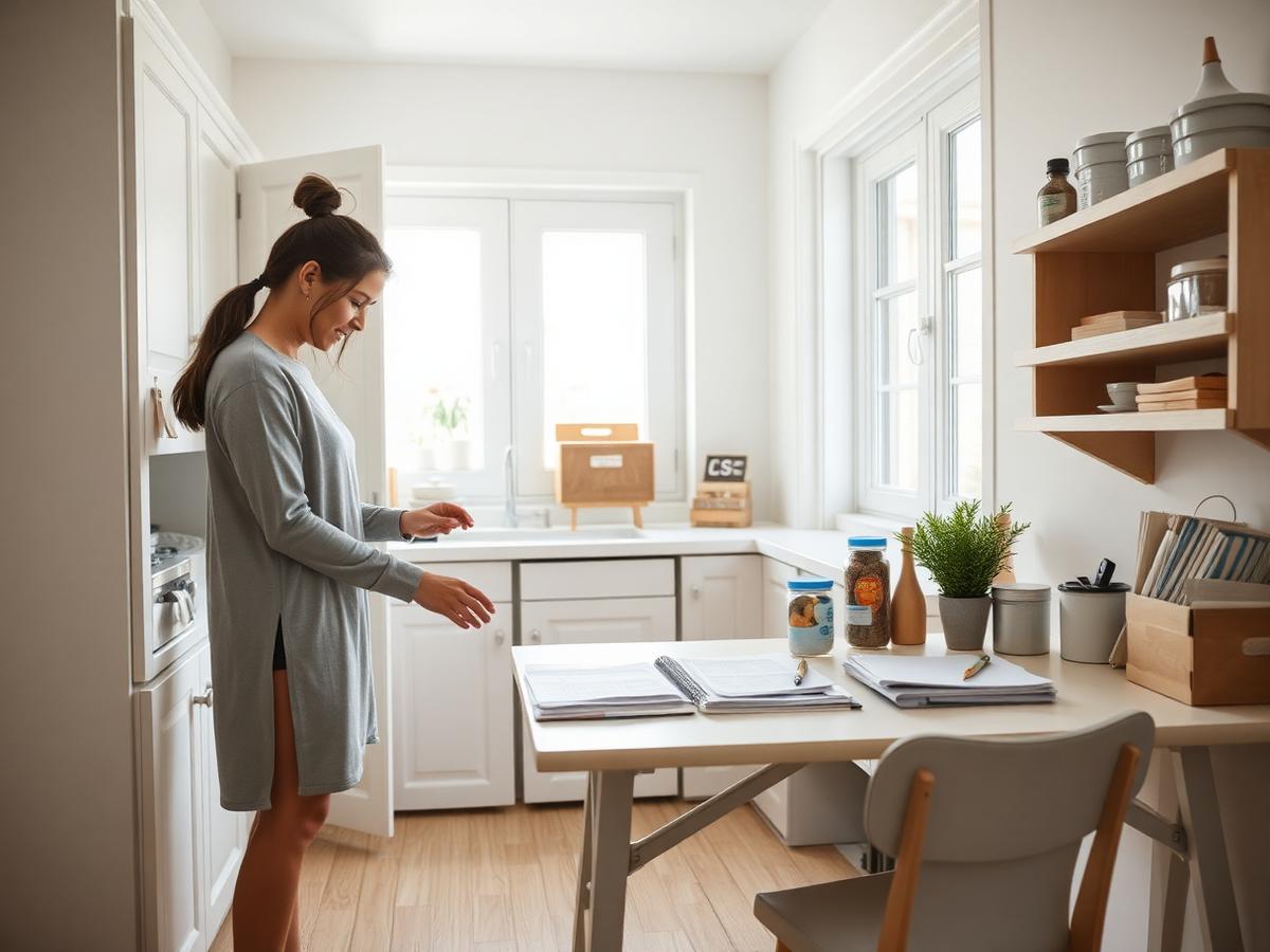 Companion organizing a pantry and household paperwork in a bright white kitchen