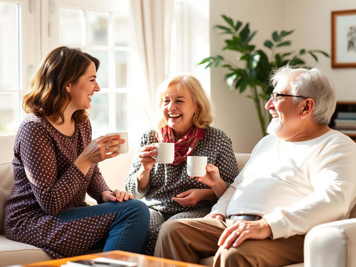 Adult daughter, companion, and older parent laughing together over coffee
