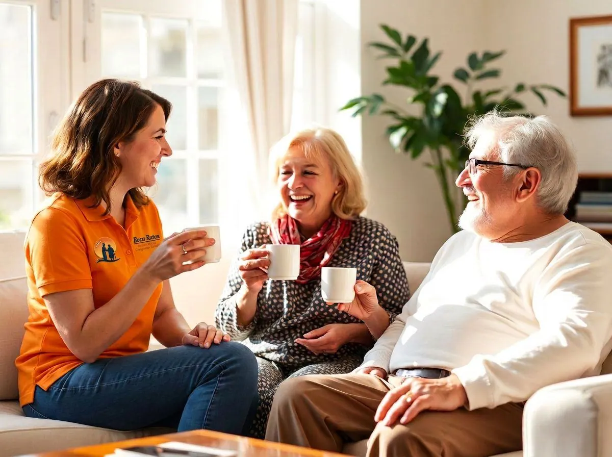 Adult daughter, companion, and older parent laughing together over coffee