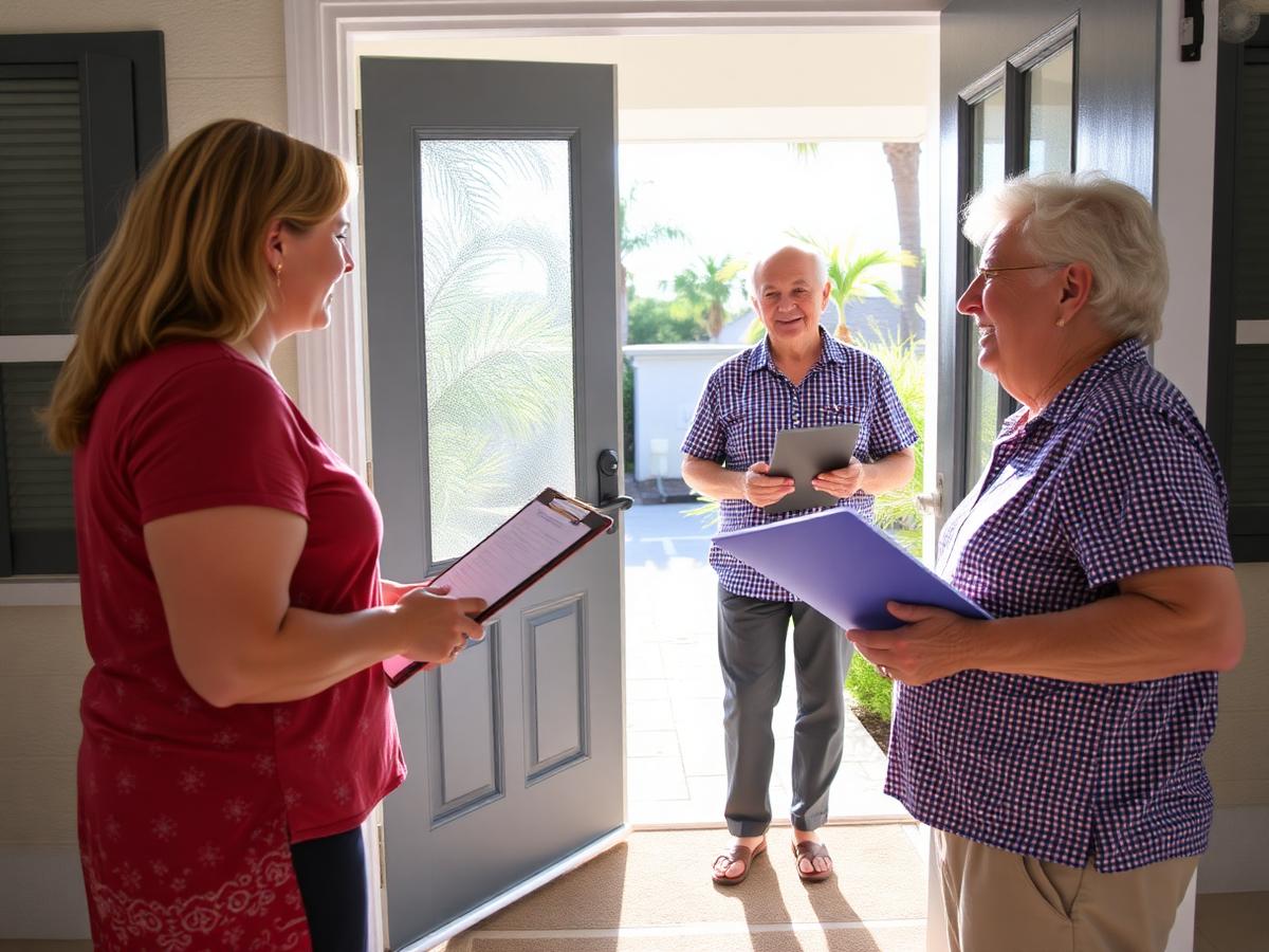 Companion greeting an older couple at the front door of a sunny Florida home