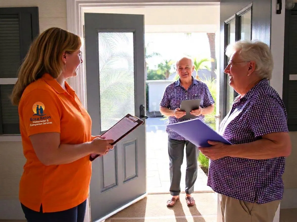 Companion greeting an older couple at the front door of a sunny Florida home