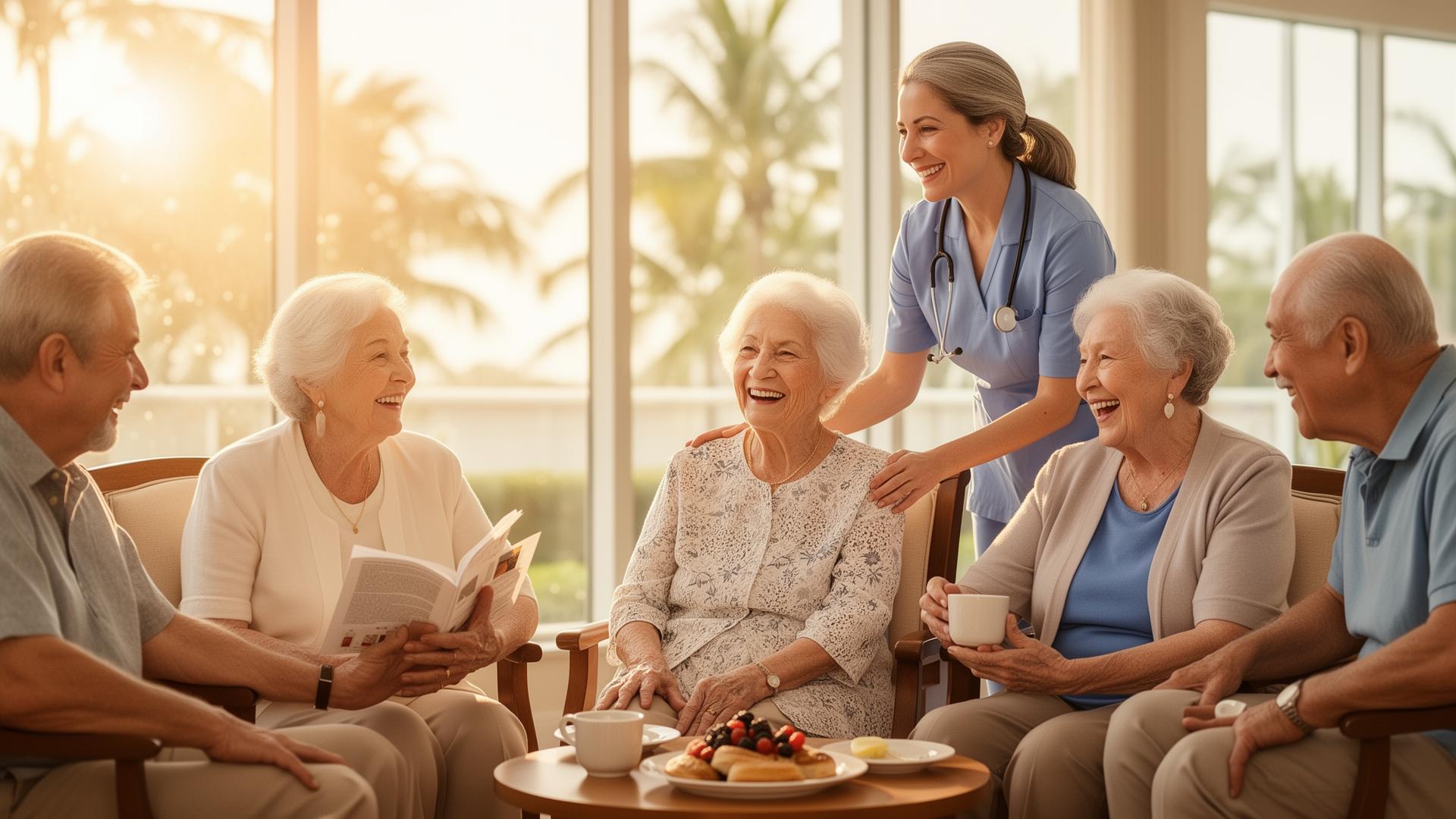 Seniors enjoying community time with a caregiver at Boca Raton Adult Day Care Center