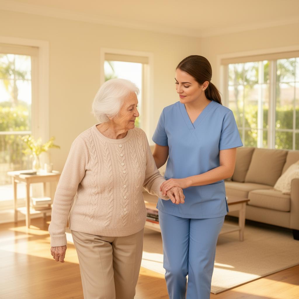 Caregiver walking with senior at home