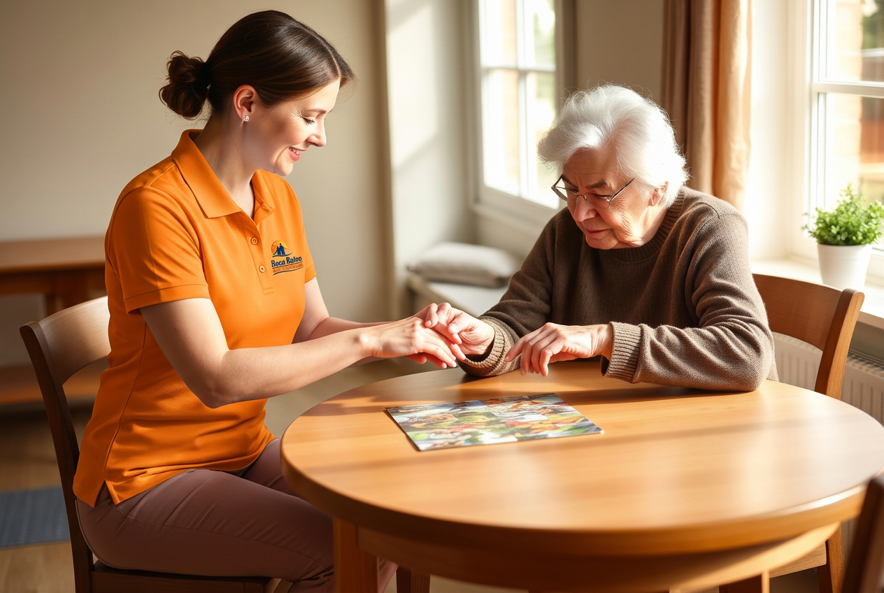 Attentive caregiver sitting one-on-one with an elderly participant working on a puzzle in a quiet, sunlit room
