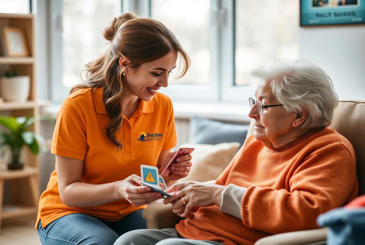 Caregiver in a warm orange sweater engaging an elderly participant with colorful sensory memory cards