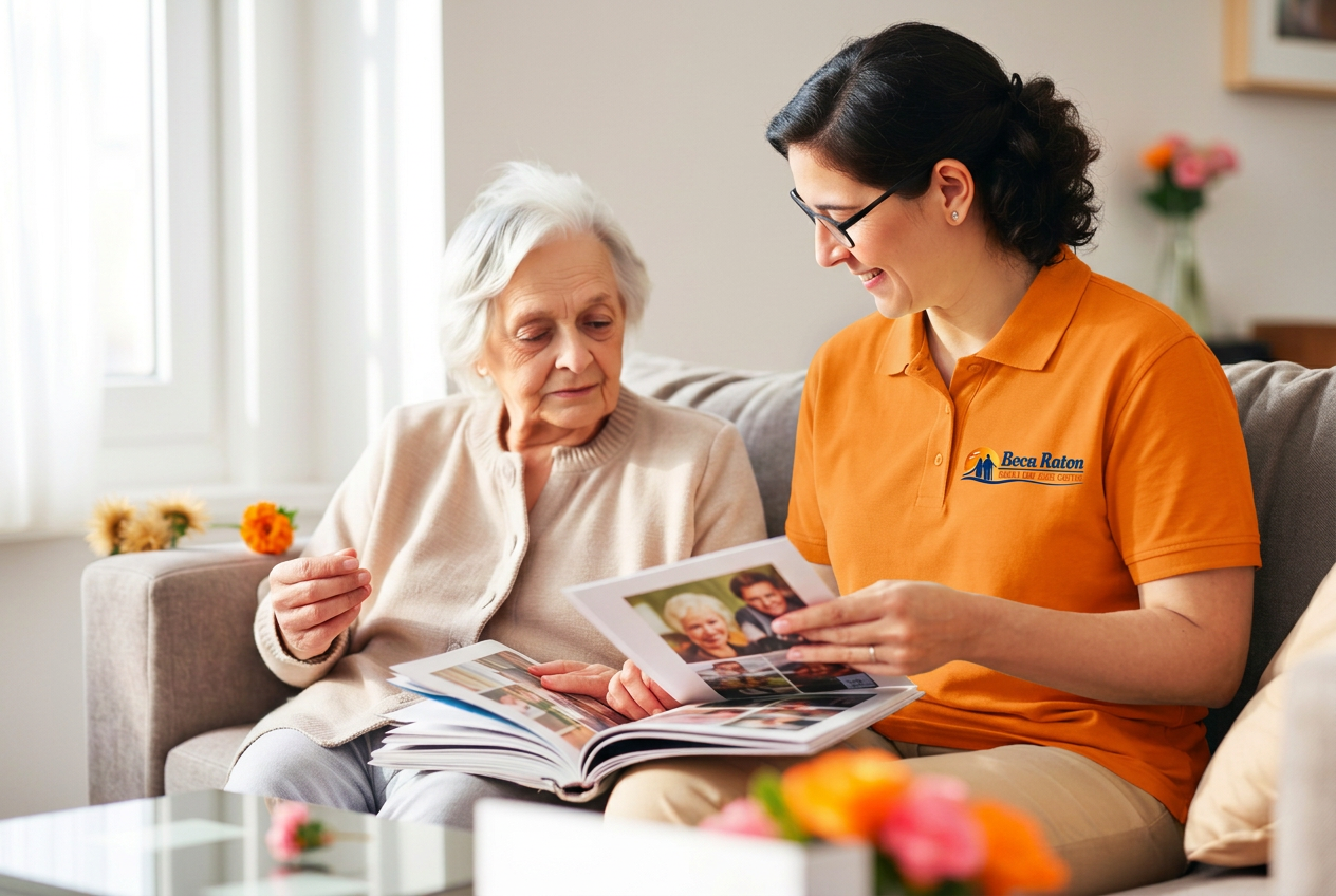 Companion caregiver in a soft cream sweater sitting with an elderly woman sharing a family scrapbook