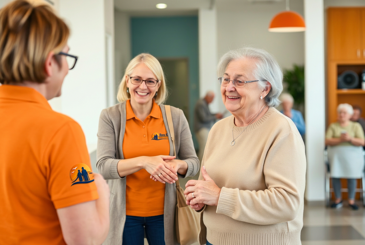 Adult daughter warmly dropping off her elderly parent, greeted by smiling staff at reception