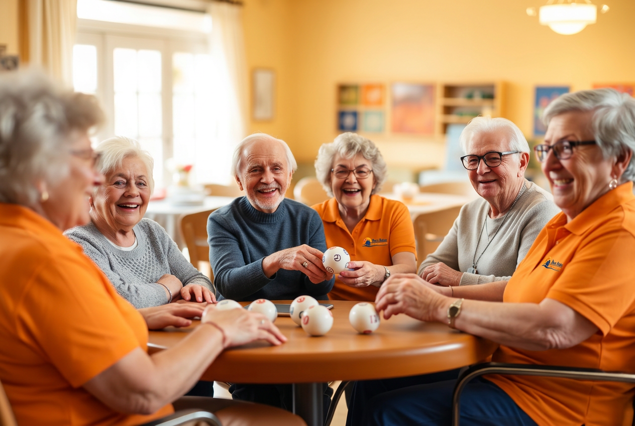 Diverse seniors laughing together while playing bingo at a sunlit adult day care center
