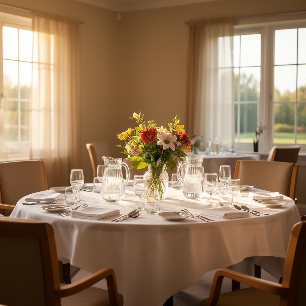 Set dining table with fresh flowers and natural light